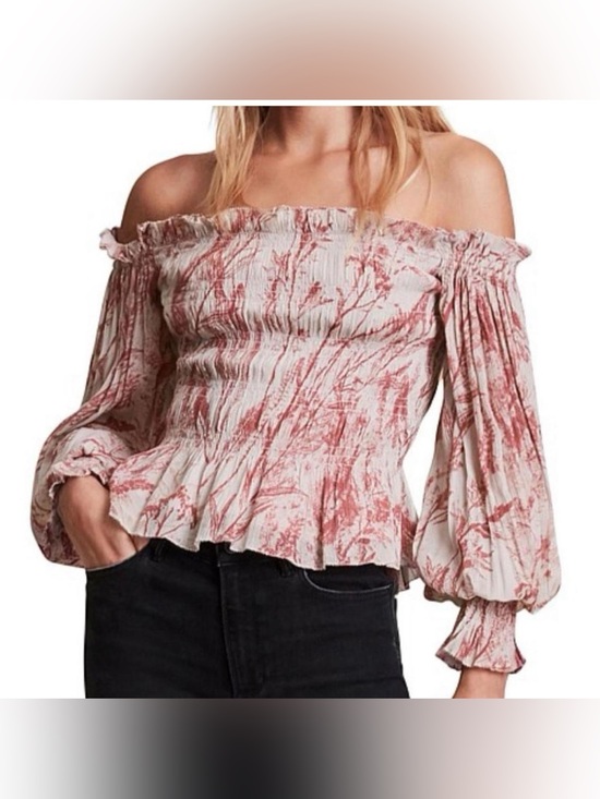 All Saints Tops - All Saints Off-Shoulder Smocked Blouse in Dusty Pink and Cream